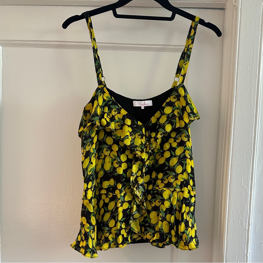 Parker Bonnie Sleeveless V-Neck Ruffle Top in Lemon Print